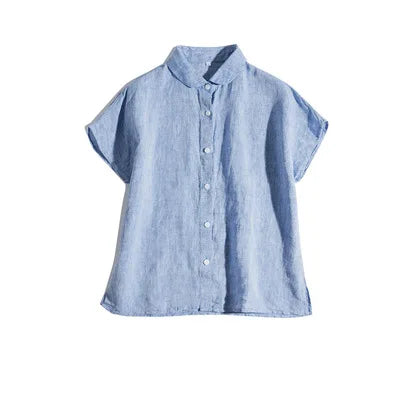 New French Loose Casual Short Sleeve Top Crew Neck Pure Linen Women's Shirt