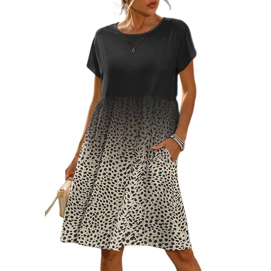 New Gradient Leopard Print Black Round Neck Short Sleeve High Waist Skirt Dress