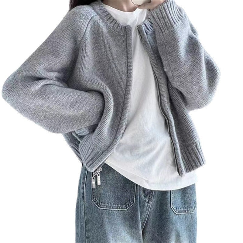 New Loose Solid Color Short Padded Zipper Long Sleeve Knit Cardigan Sweater Coat