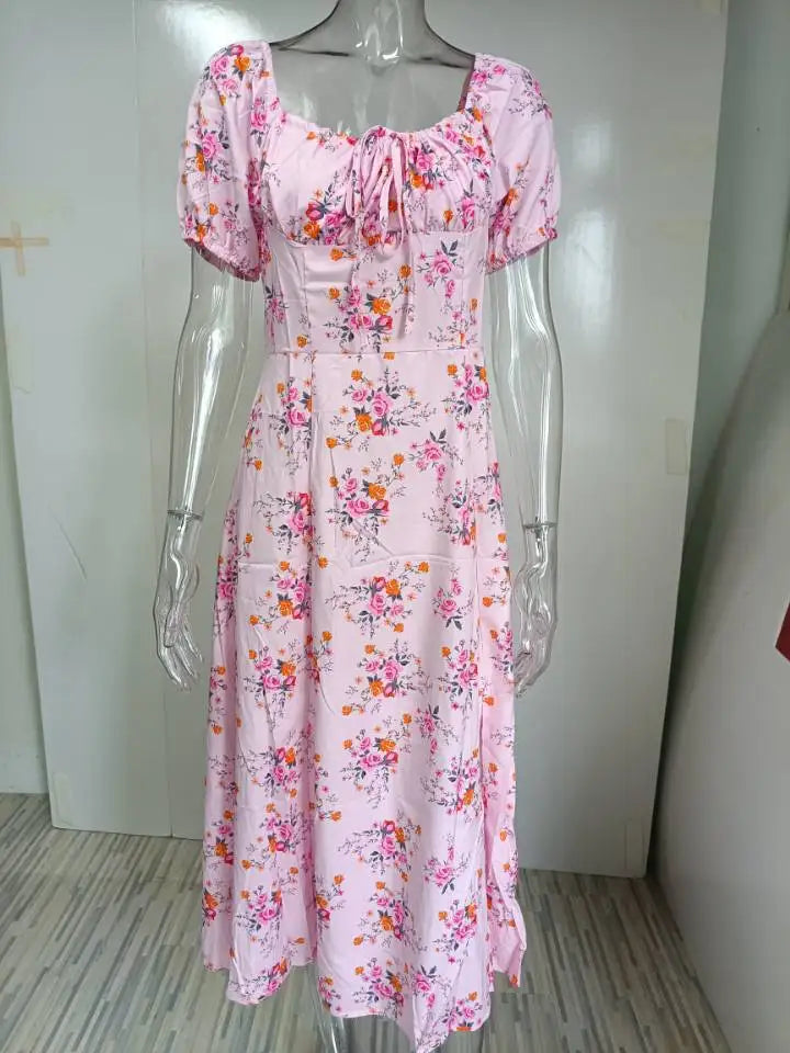 New Printed French Floral Sweetheart Lace Up Slim Sling Split Dress