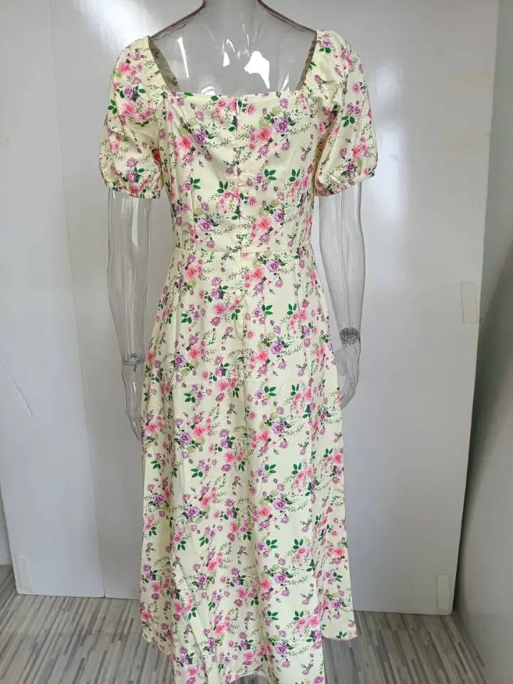 New Printed French Floral Sweetheart Lace Up Slim Sling Split Dress