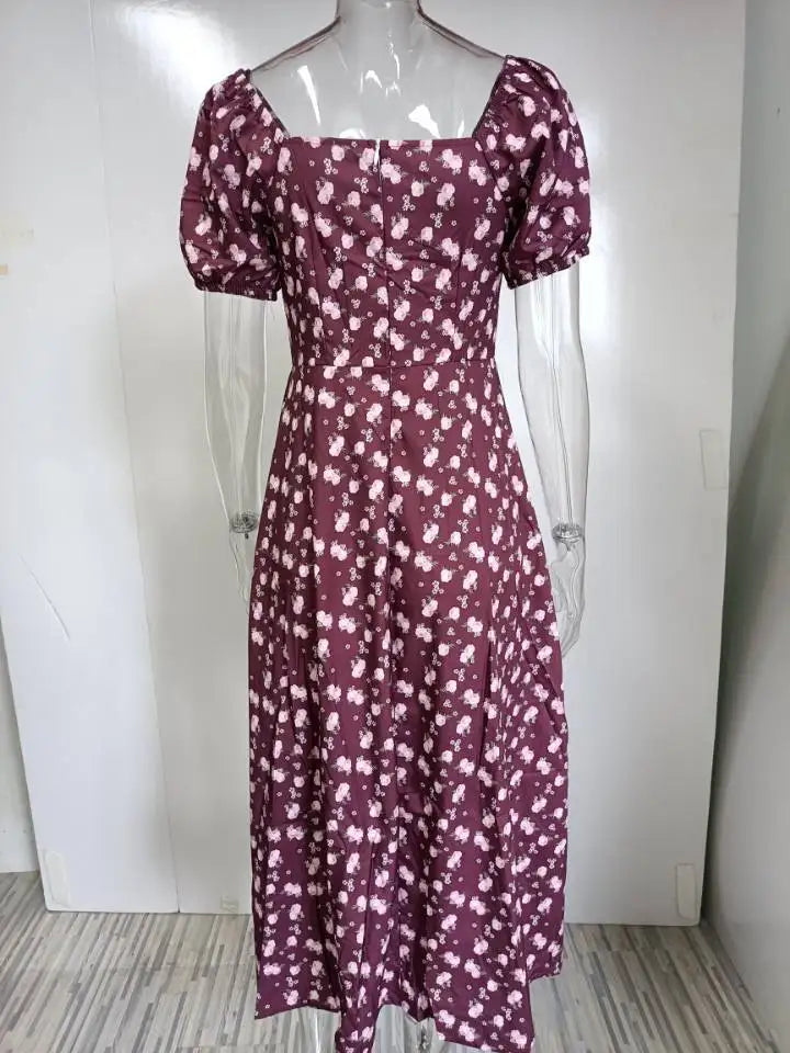 New Printed French Floral Sweetheart Lace Up Slim Sling Split Dress