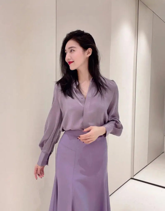 New Puff Sleeves Purple Chiffon Women's Shirt