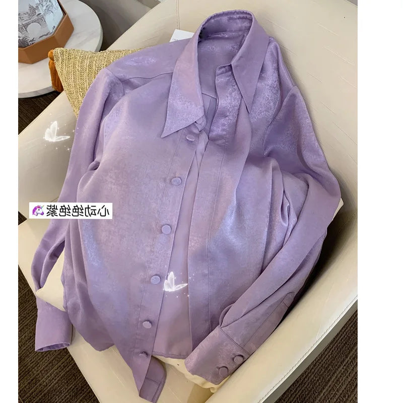 New Puff Sleeves Purple Chiffon Women's Shirt