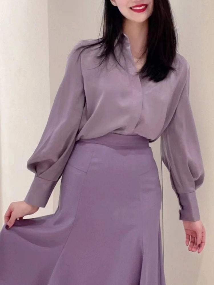 New Puff Sleeves Purple Chiffon Women's Shirt