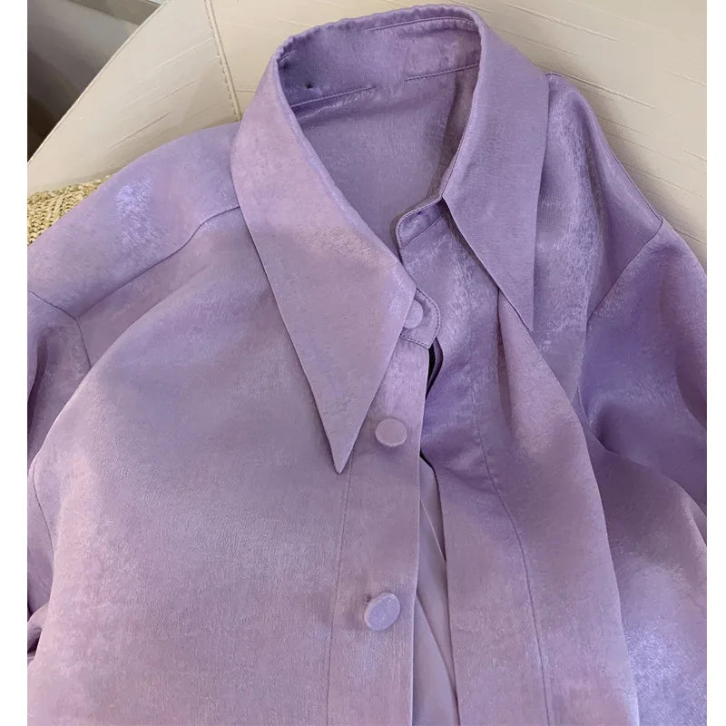 New Puff Sleeves Purple Chiffon Women's Shirt