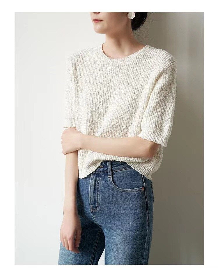 New Short Sleeve Round Neck French Style Pullover Top Thin Outer Layer Versatile Women's Knit Sweater