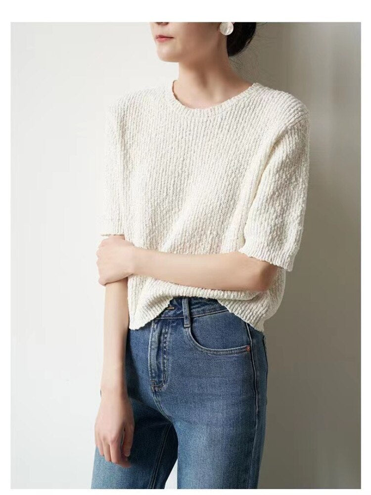 New Short Sleeve Round Neck French Style Pullover Top Thin Outer Layer Versatile Women's Knit Sweater