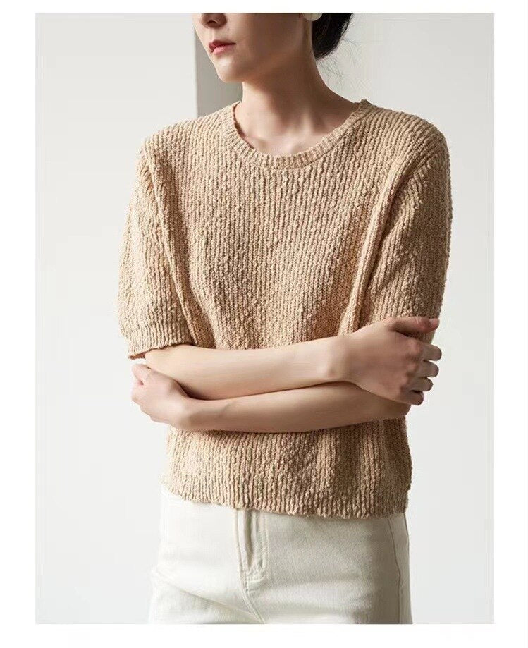 New Short Sleeve Round Neck French Style Pullover Top Thin Outer Layer Versatile Women's Knit Sweater