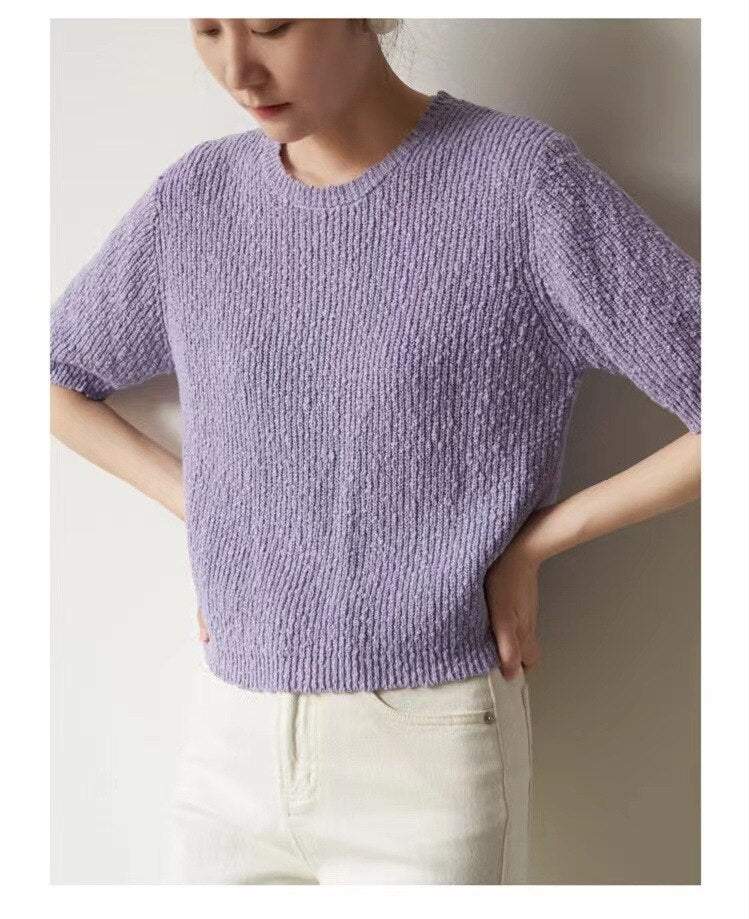 New Short Sleeve Round Neck French Style Pullover Top Thin Outer Layer Versatile Women's Knit Sweater