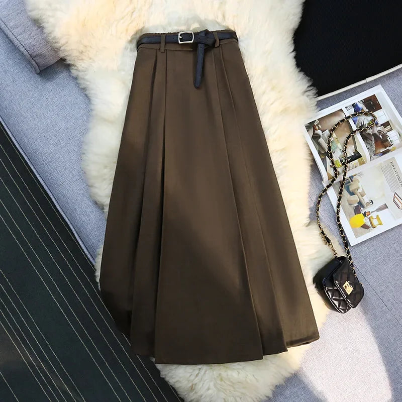 New Thick Suit Large Hemline A-line Slim High Waist Black Women's Autumn 2023 Mid length Skirt