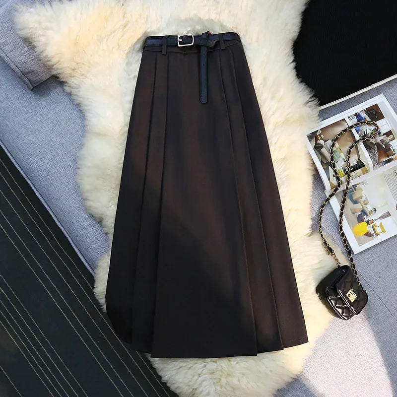 New Thick Suit Large Hemline A-line Slim High Waist Black Women's Autumn 2023 Mid length Skirt