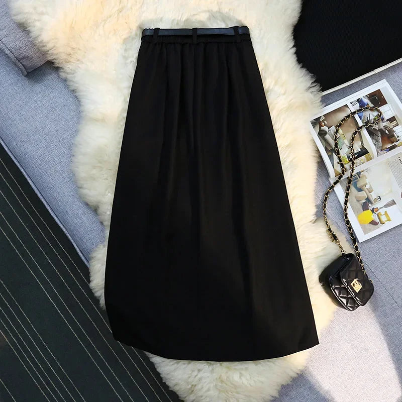 New Thick Suit Large Hemline A-line Slim High Waist Black Women's Autumn 2023 Mid length Skirt