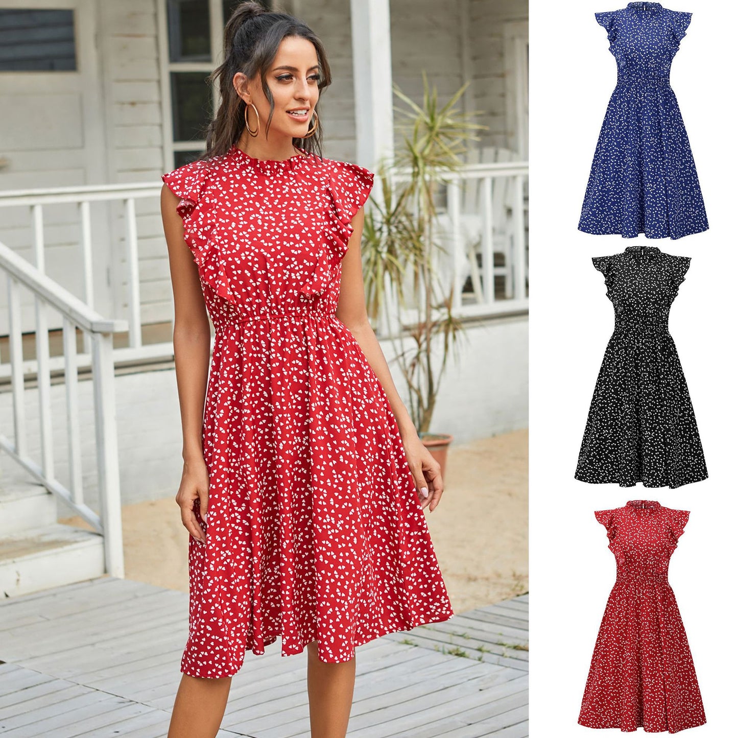 New Vintage Polka-dot Ruffles Chiffon Loose Versatility Knee Length Dress