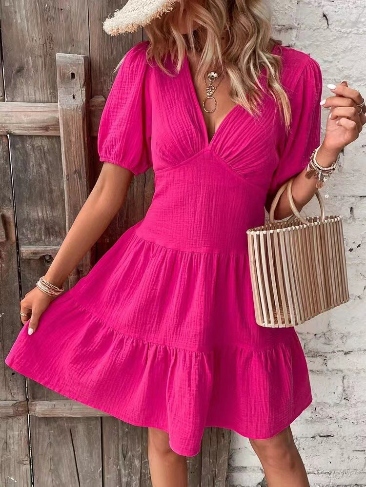 2023 Summer New Rose Red Slim High Waist V-Neck Mid Sleeve Dress