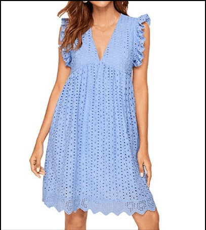 Lace Jacquard Hollow V-neck Dress With Pocket Short