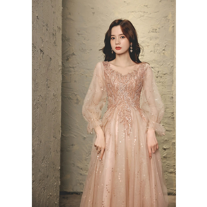 Fairy Pink Long-sleeved Princess Formal Ball Gown Dress