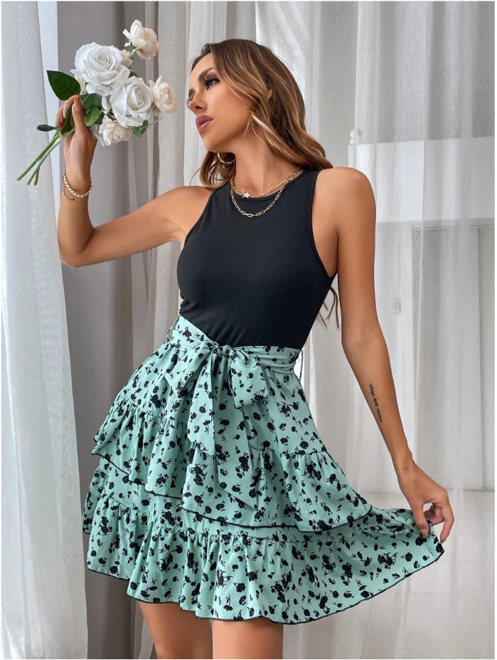 Chic Sleeveless Printed Vest Ruffled Short Tiers Dress