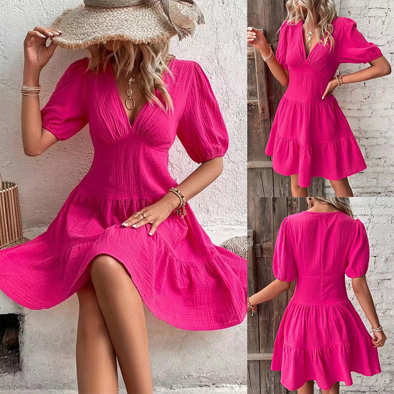 2023 Summer New Rose Red Slim High Waist V-Neck Mid Sleeve Dress