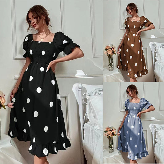 2023 Chic Big Polka Dot Slim Sweet Ruffles Knee Length Dress