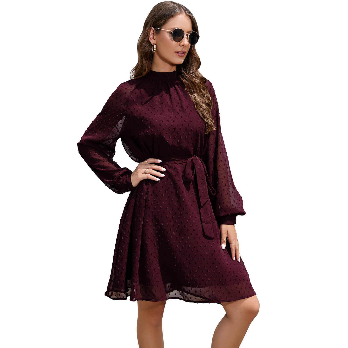 Long Sleeve Chiffon Swiss Dot Knee Length Dress with Belt