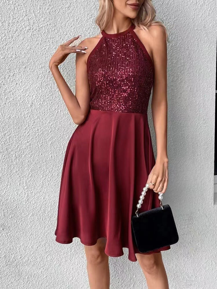 2023 Summer New Sequined Halter Sleeveless Slim Short Dress