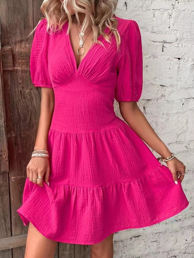 2023 Summer New Rose Red Slim High Waist V-Neck Mid Sleeve Dress