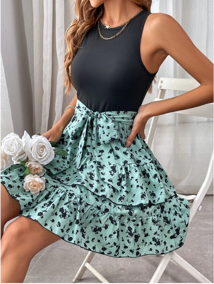 Chic Sleeveless Printed Vest Ruffled Short Tiers Dress