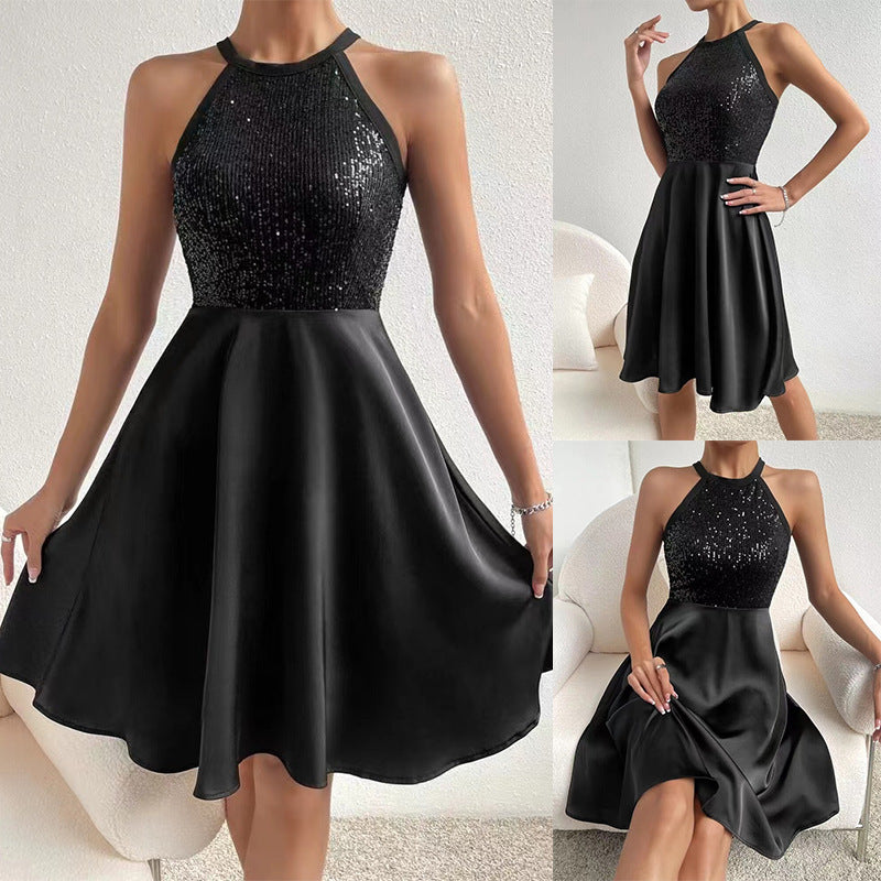 2023 Summer New Sequined Halter Sleeveless Slim Short Dress