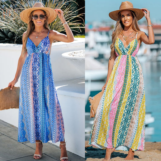 2023 Summer Sexy Open Back Strap Print Large Swing Travel Beach Holiday Long Maxi Dress