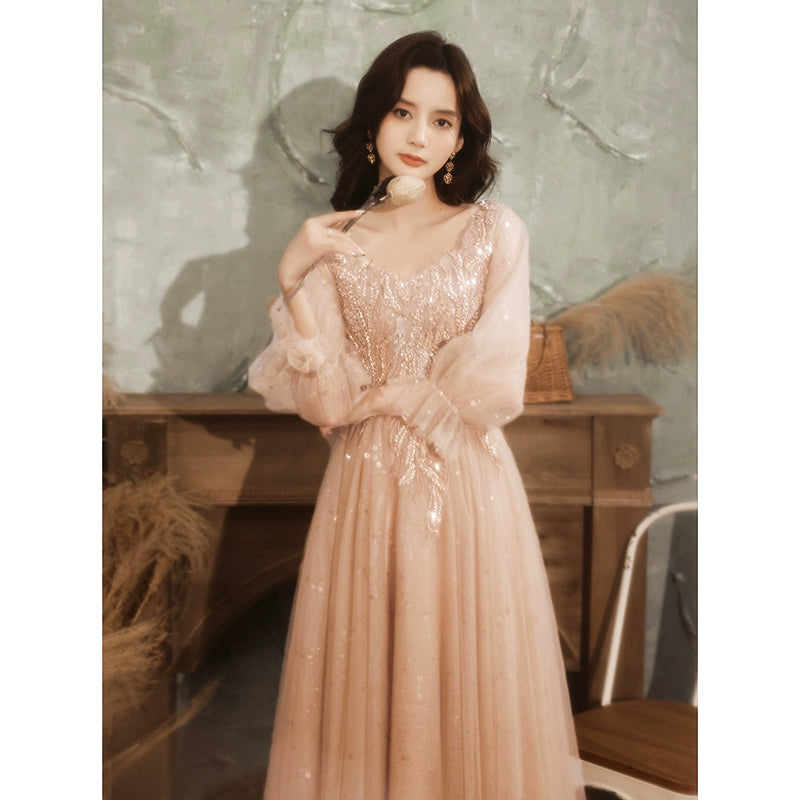 Fairy Pink Long-sleeved Princess Formal Ball Gown Dress