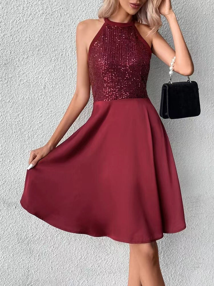 2023 Summer New Sequined Halter Sleeveless Slim Short Dress