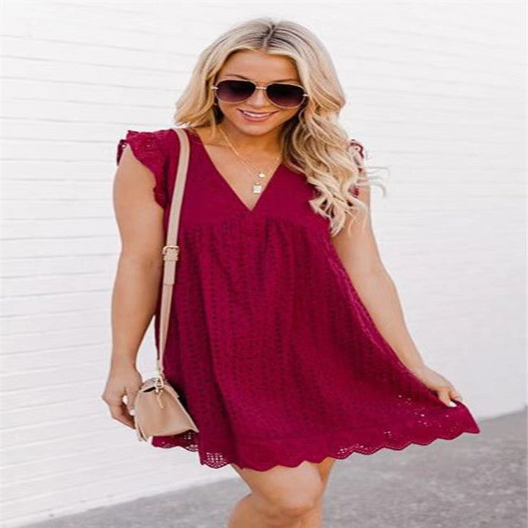 Lace Jacquard Hollow V-neck Dress With Pocket Short