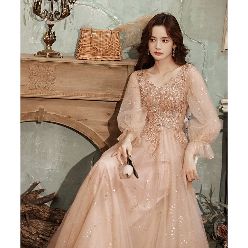 Fairy Pink Long-sleeved Princess Formal Ball Gown Dress