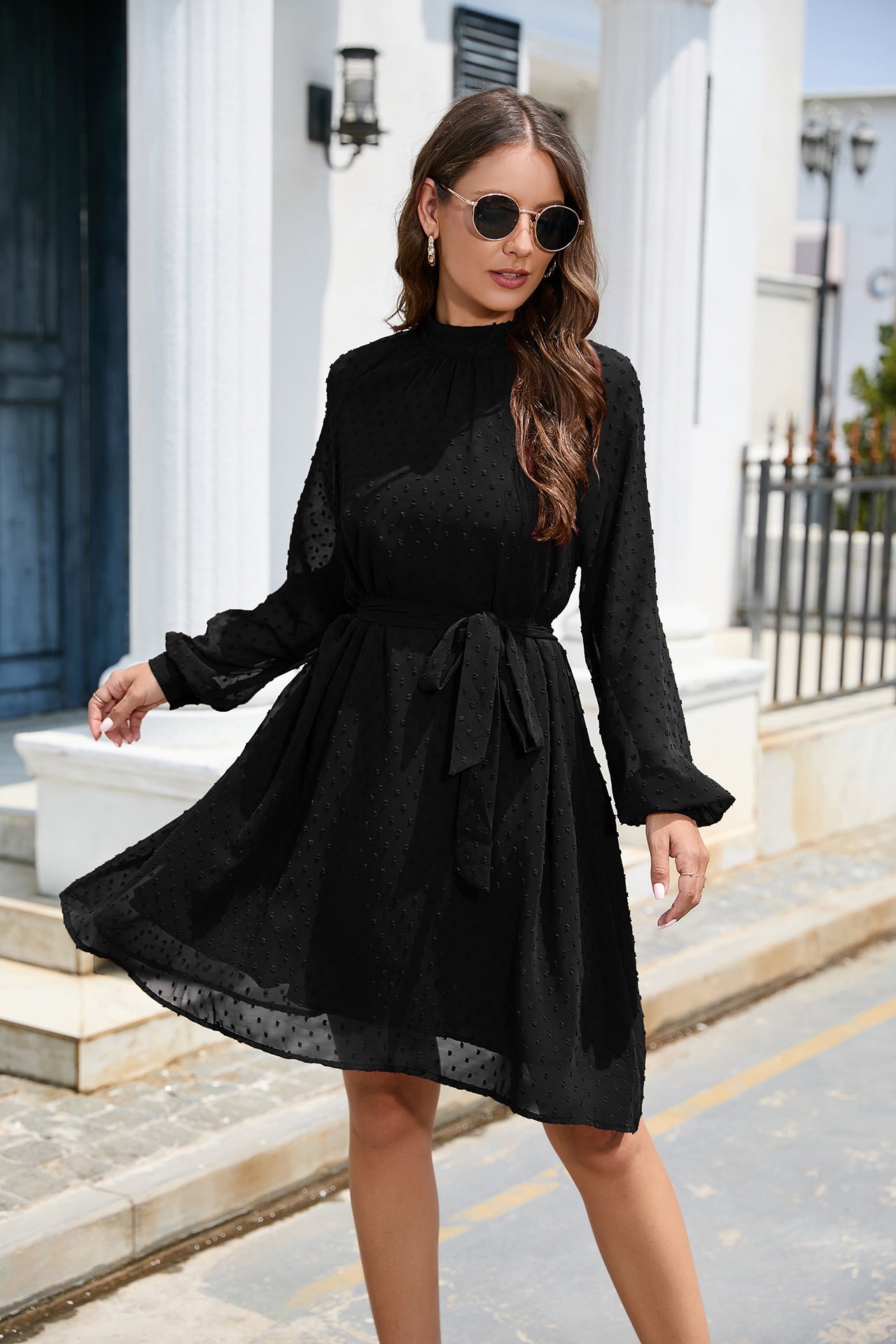 Long Sleeve Chiffon Swiss Dot Knee Length Dress with Belt