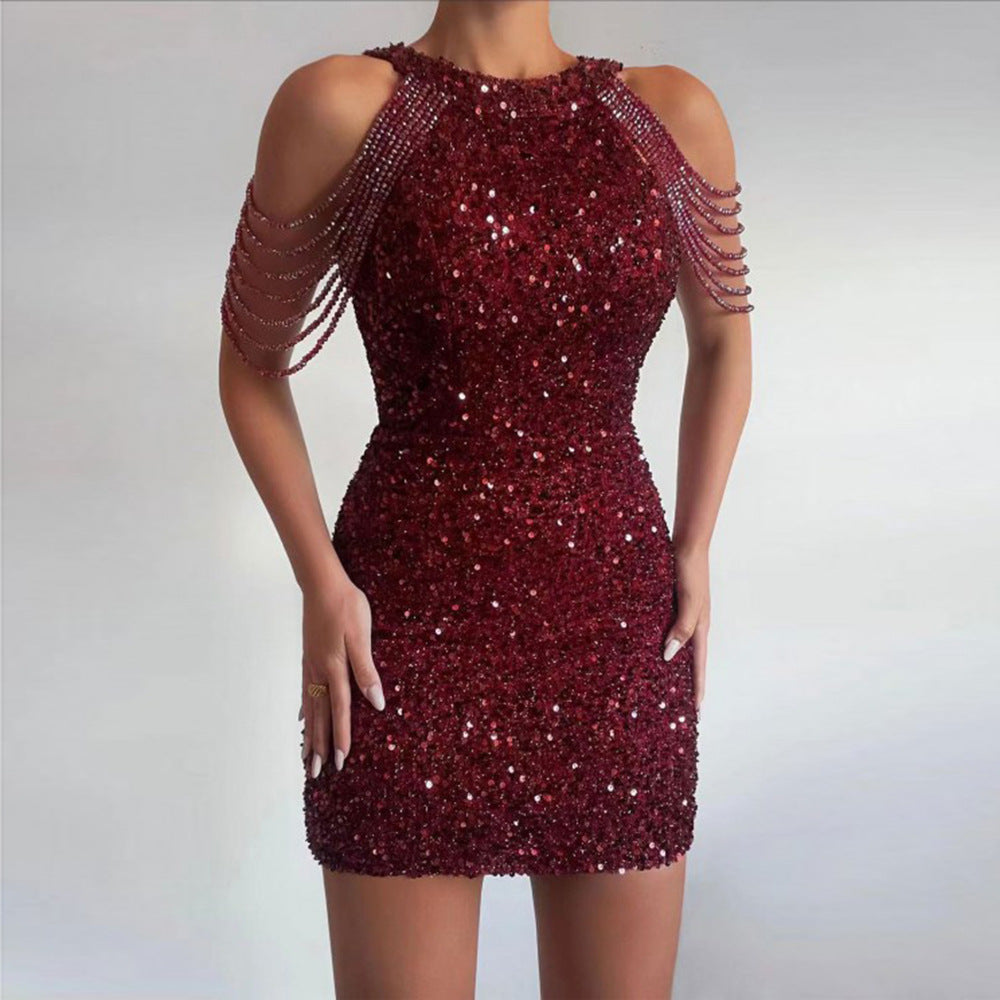 Sexy Crystal Sequins Formal Evening Short Dress