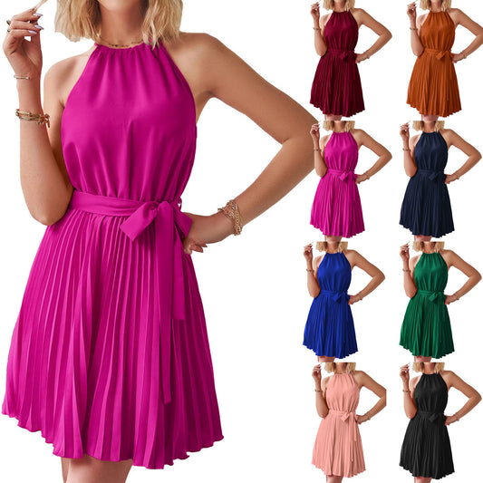 2023 Casual Hanging Neck A-line Sleeveless Waistband Pleated Beach Mini Bridesmaid Dress