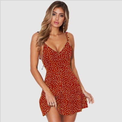 Back Lace Up Polka Dot Spaghetti Straps Short Dress