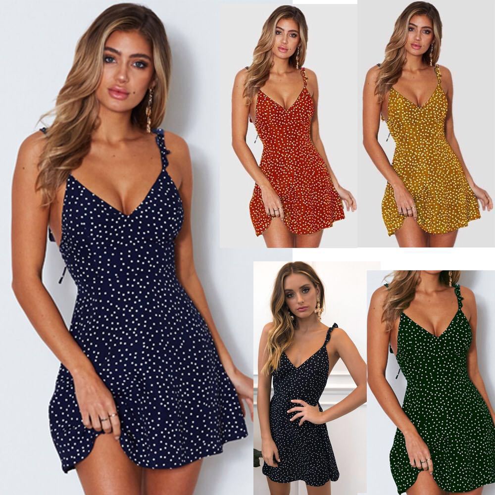 Back Lace Up Polka Dot Spaghetti Straps Short Dress