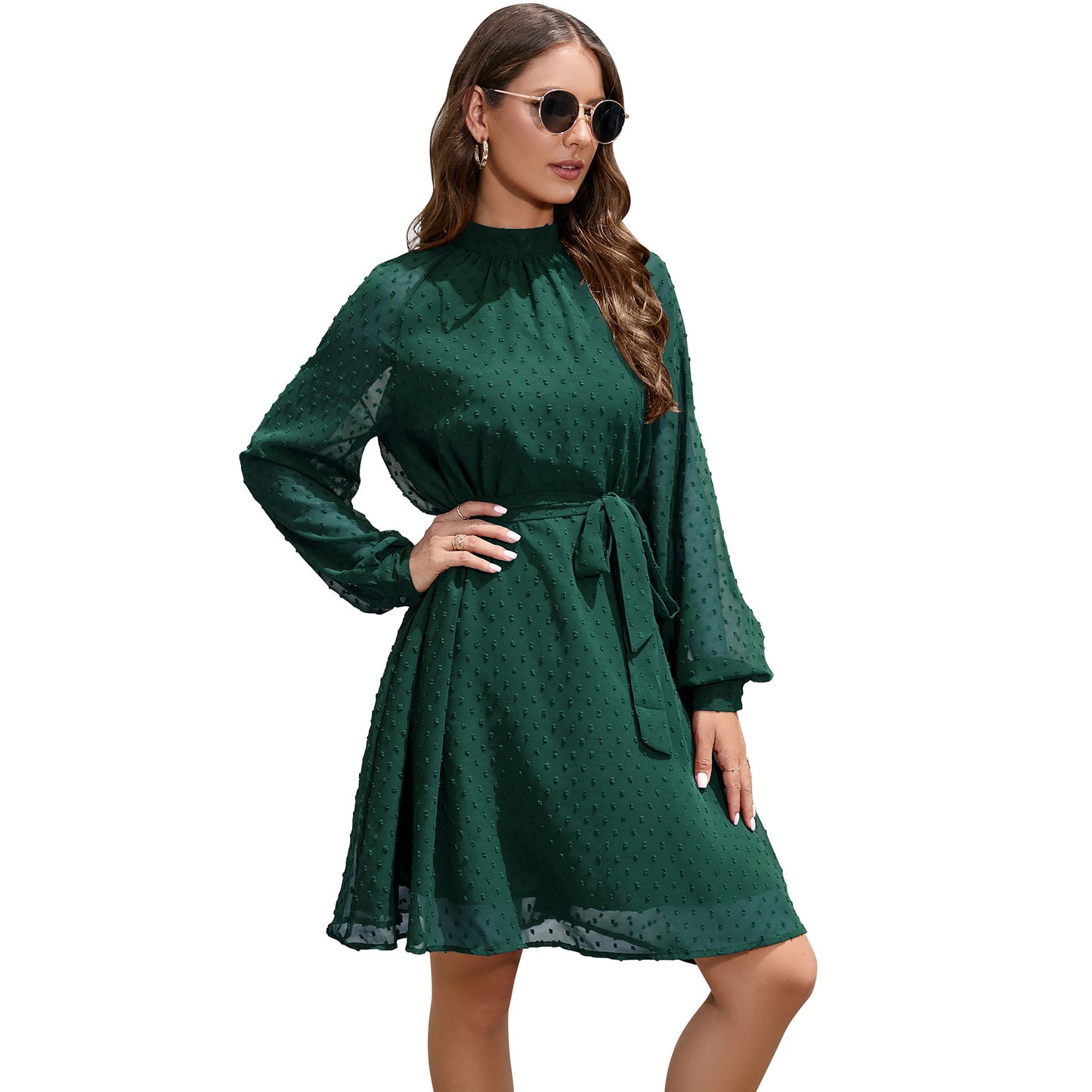 Long Sleeve Chiffon Swiss Dot Knee Length Dress with Belt