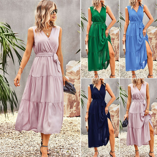 Elegant V-neck Lace Up Belt Sleeveless Large Swing Casual Midi Dress