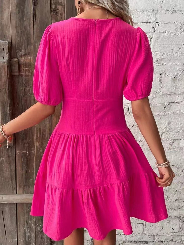 2023 Summer New Rose Red Slim High Waist V-Neck Mid Sleeve Dress