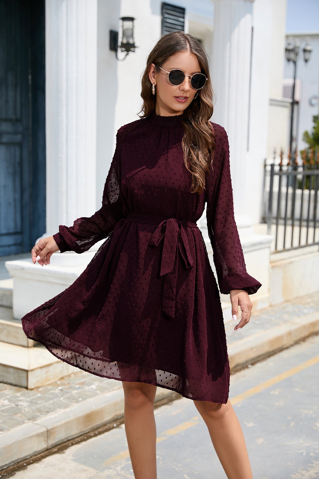 Long Sleeve Chiffon Swiss Dot Knee Length Dress with Belt