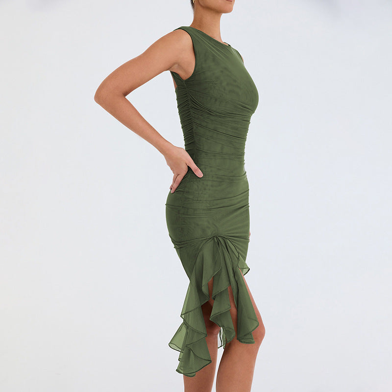 2023 New Crewneck Sleeveless Pleated Ruffles Midi Dress