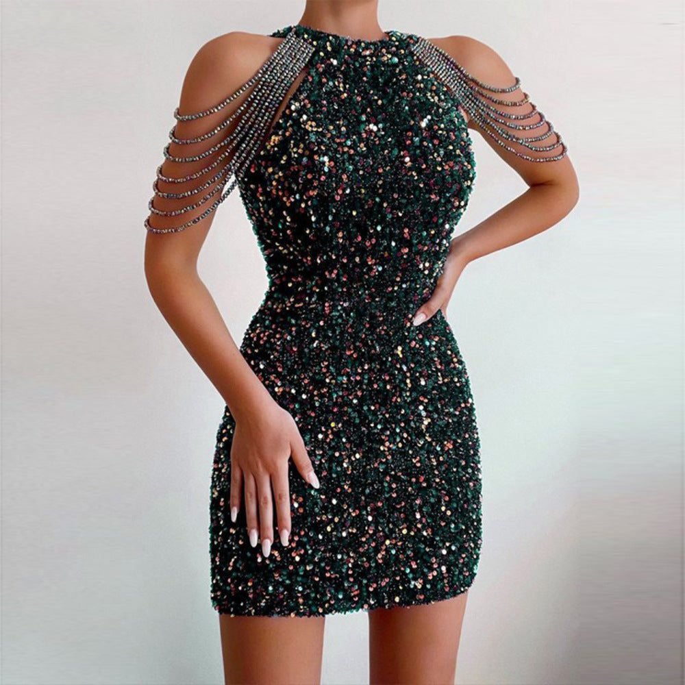 Sexy Crystal Sequins Formal Evening Short Dress