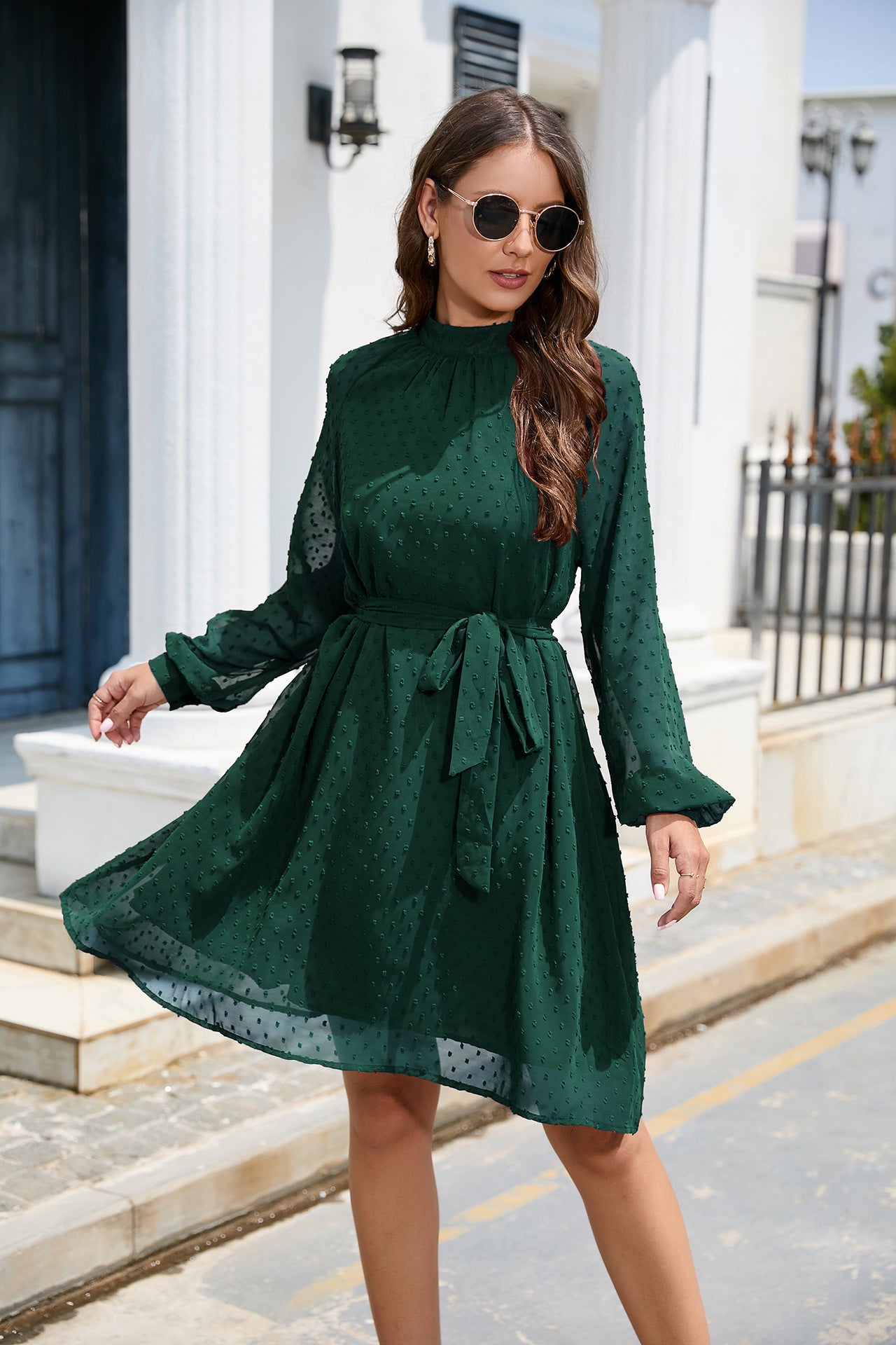 Long Sleeve Chiffon Swiss Dot Knee Length Dress with Belt