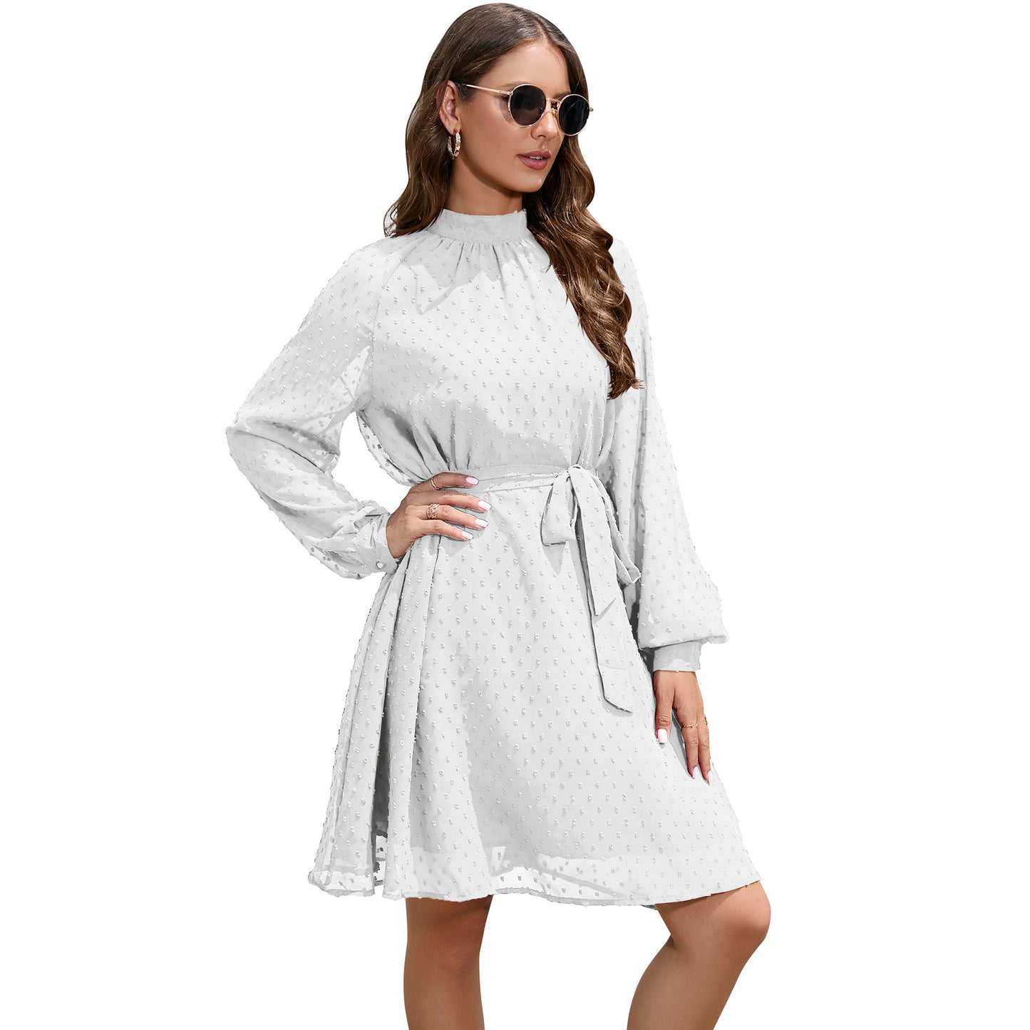 Long Sleeve Chiffon Swiss Dot Knee Length Dress with Belt