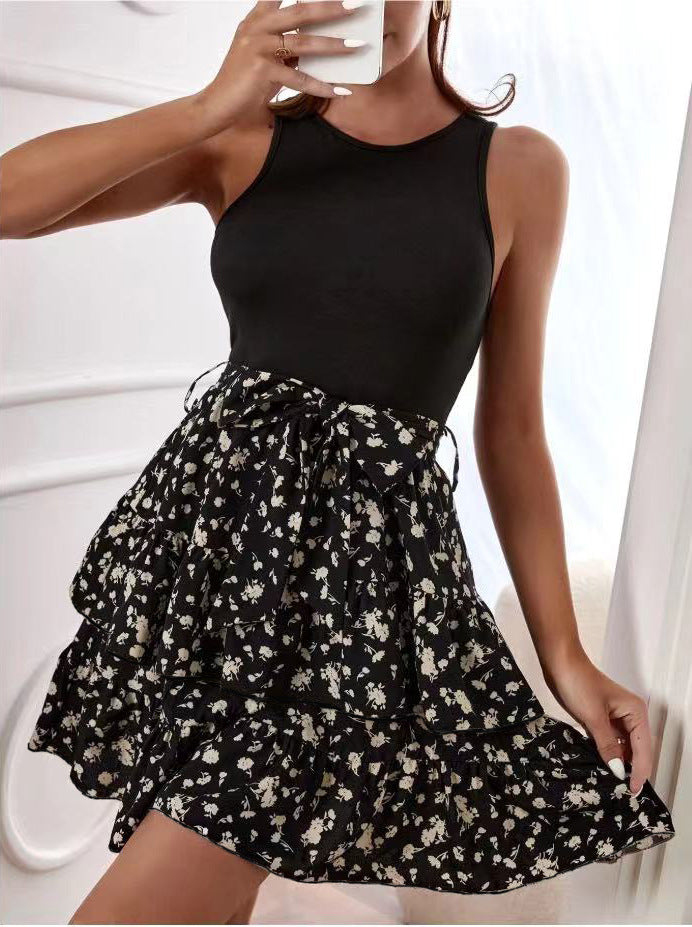 Chic Sleeveless Printed Vest Ruffled Short Tiers Dress