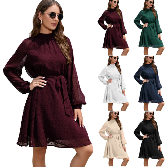 Long Sleeve Chiffon Swiss Dot Knee Length Dress with Belt