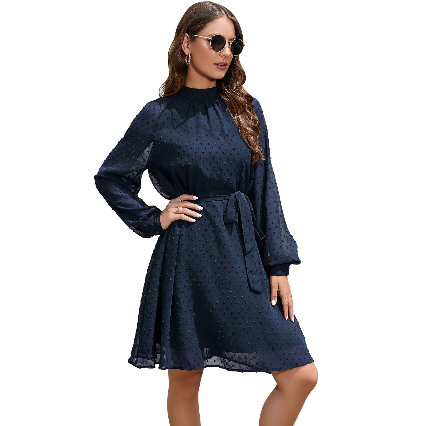 Long Sleeve Chiffon Swiss Dot Knee Length Dress with Belt